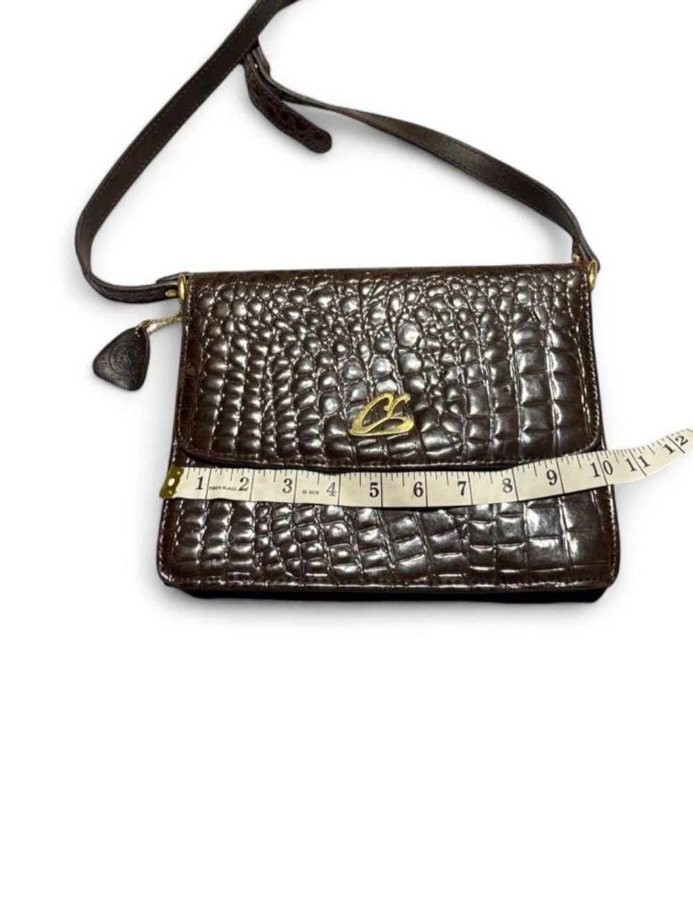 Vintage Chenson Croc-Embossed Dark Brown Leather Crossbody with Gold Accent
